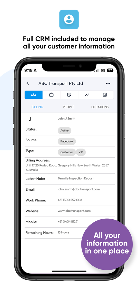 Formitize - Captura de tela do aplicativo móvel Formitize mostrando uma interface CRM abrangente para gerenciar informações do cliente e detalhes de faturamento.