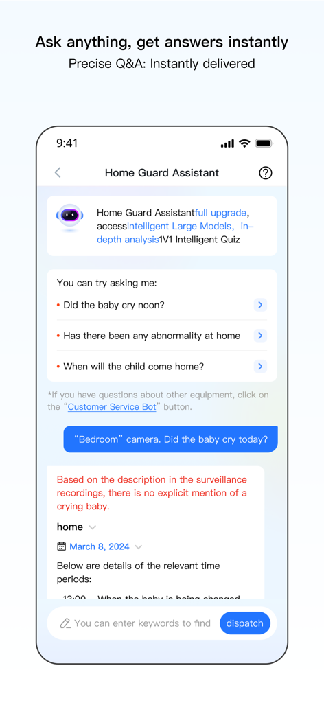 V360 Pro - V360 Pro App-Oberfläche, die den Home Guard Assistant Chat für KI-gestützte Sicherheitsvideoanalysen zeigt