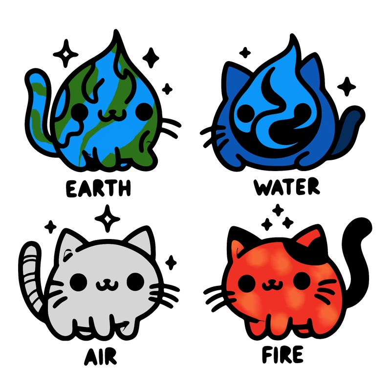 4 cats that represent the different elements, earth, water, air, and fire