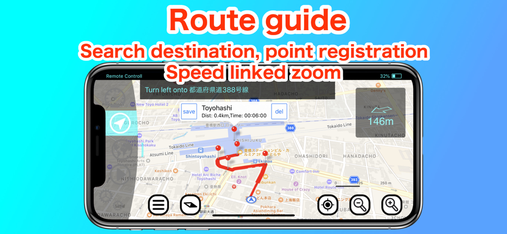 DashCam HUD app navigation screen showing route guide and speed linked zoom