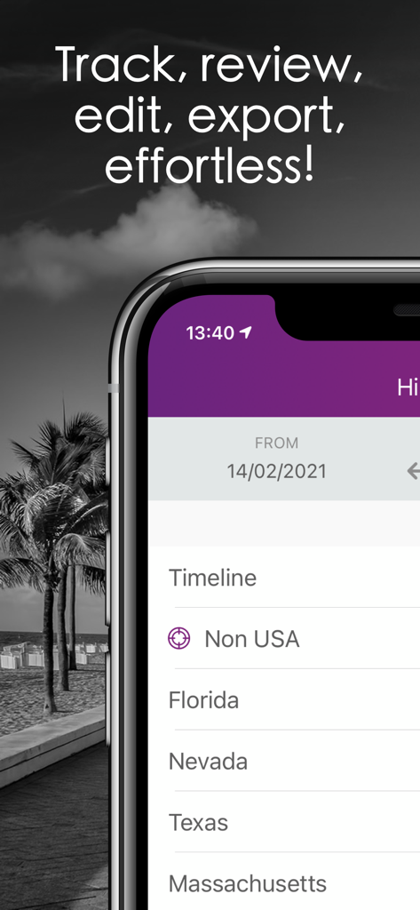 A smartphone displaying the TrackingStates app interface with a list of US states and tracking options