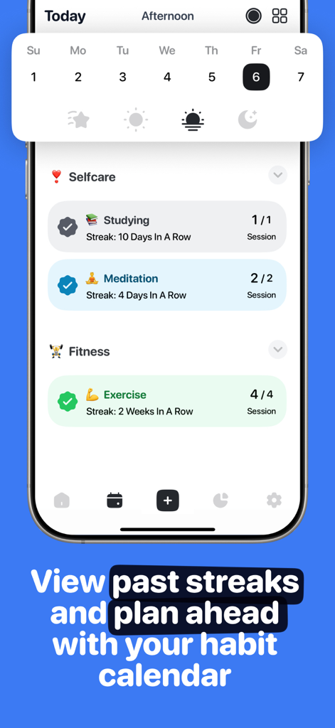 Rovelist habit tracker app showing daily progress streaks and a calendar for habit planning.