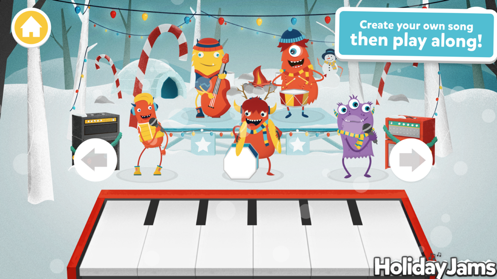 Cartoon monsters playing musical instruments in a snowy holiday scene with a digital keyboard