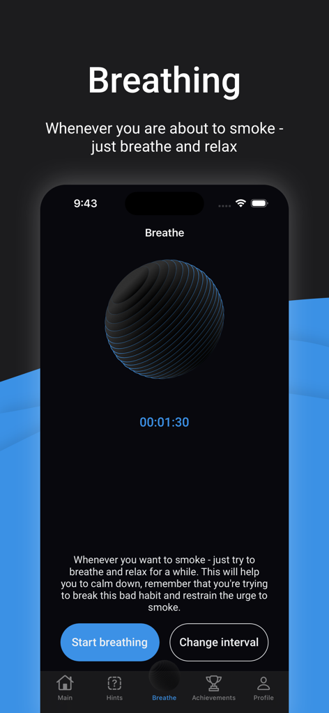 I Don't Smoke - quit bad habit - A interface do exercício de respiração do aplicativo Eu Não Fumo, apresentando um temporizador de relaxamento e design minimalista para gerenciar os desejos.
