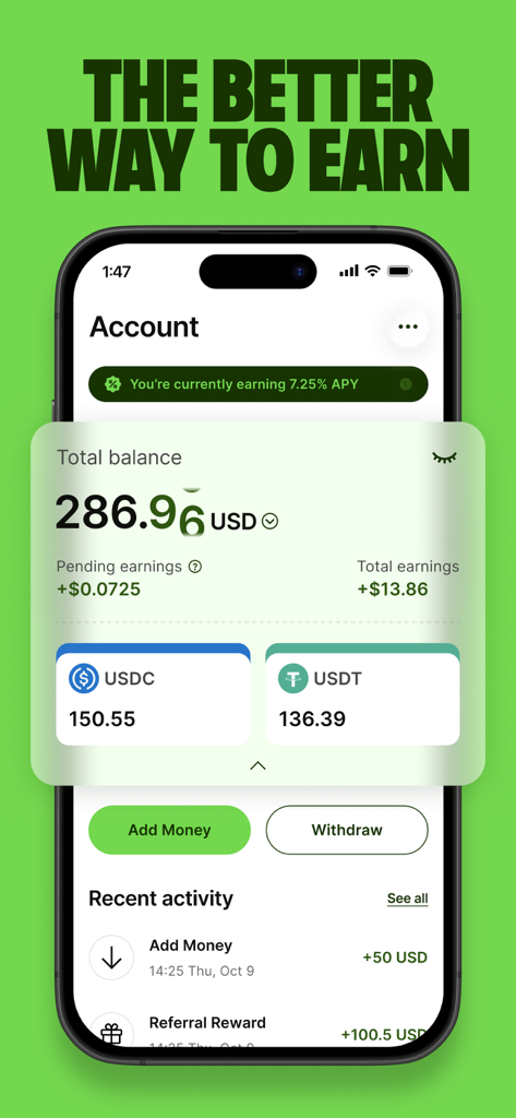 Rise: Global Savings & Wallet - Mobile app interface for Rise Global Savings showing account balance and 7.25 percent APY earnings dashboard