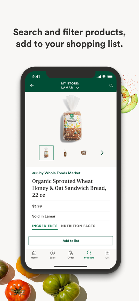 Whole Foods Market app showing a product page for organic bread with an Add to list button.