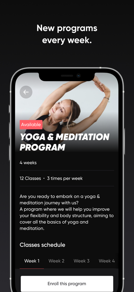 Buddyfit-App-Bildschirm mit einem Yoga- und Meditations-Trainingsprogramm.