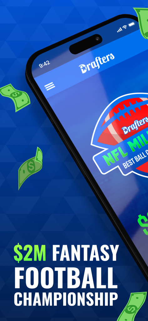 Smartphone-Bildschirm mit der Drafters App Promotion für ein Fantasy-Football-Meisterschaftsturnier mit zwei Millionen Dollar Preisgeld