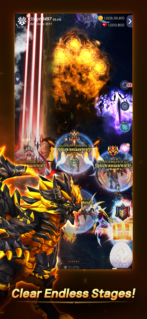 DragonSky : Idle & Merge - DragonSky Idle and Merge mobile game screen showing 3D dragon shooting action and endless stages