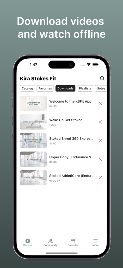 KIRA STOKES FIT - Kira Stokes Fit app interface showing a list of workout videos downloaded for offline use