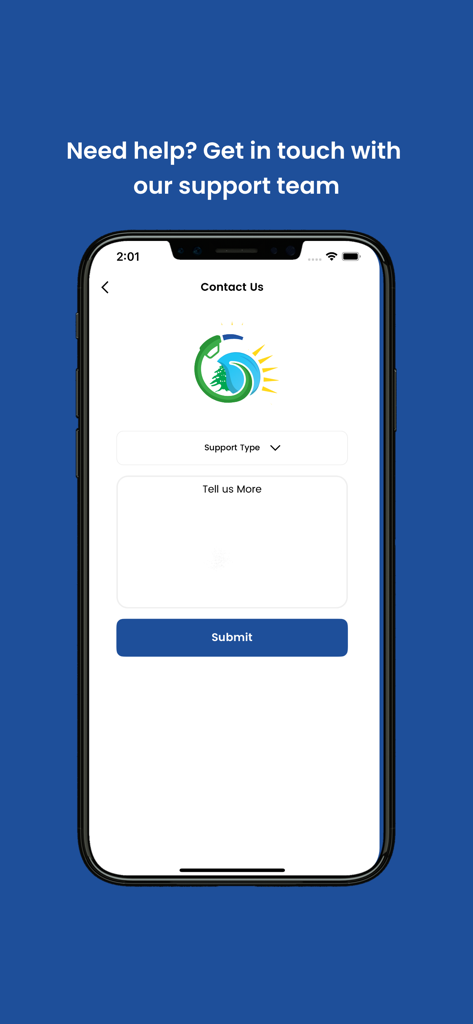 Contact us screen of the Lebanon Fuel Price app for support requests