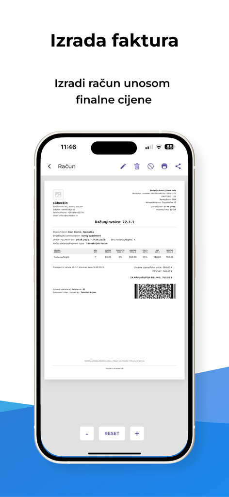 eCheckin - Capture d'écran de l'application mobile eCheckin montrant l'écran de création de facture numérique pour la gestion immobilière