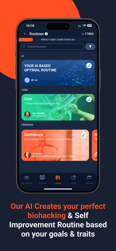 Ultiself app screen showing AI powered biohacking routines and expert habit collections