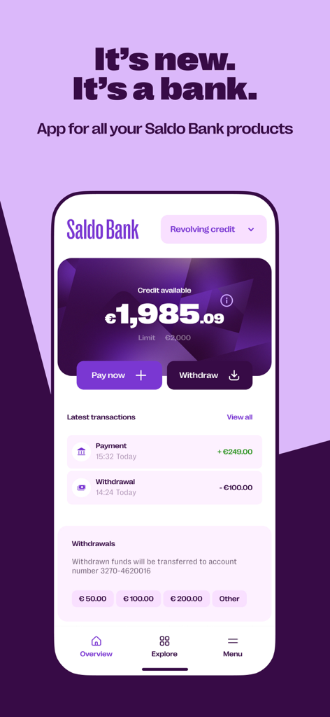Banking with Saldo Mobile App - Dashboard of the Saldo Bank app showing revolving credit balance and recent transactions