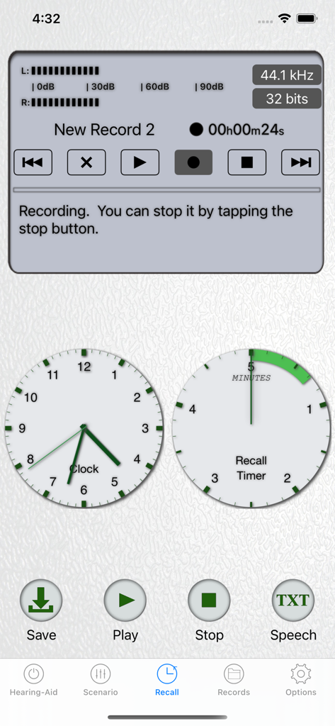 Hearing Aid - Sound Amplifier - Interface of the hearing aid app showing the five minute audio recall buffer and recording controls
