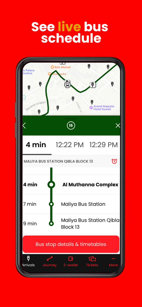 Citybuskw mobile app screen showing real-time bus arrival times and route map in Kuwait