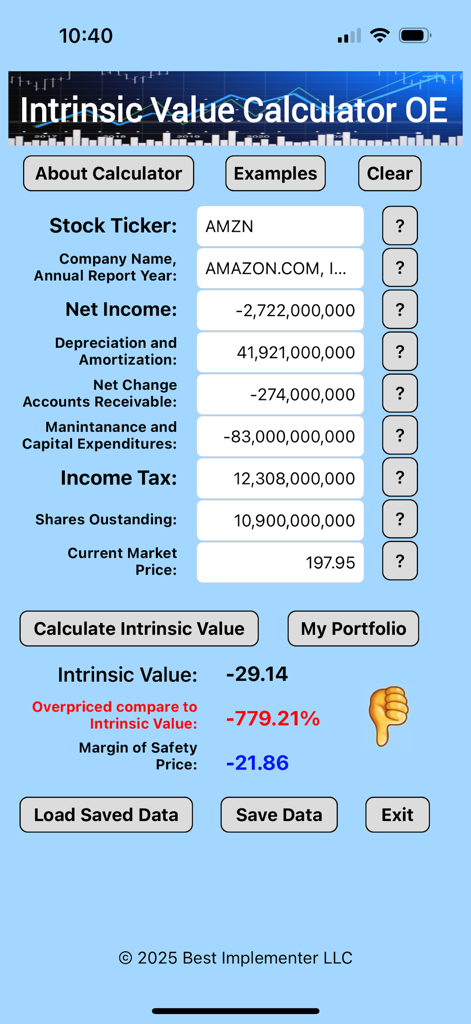 Intrinsic Value Calculator OE - Interfaz de la aplicación Calculadora de Valor Intrínseco que muestra datos de valoración de acciones para Amazon con una advertencia de sobreprecio y un icono de pulgar hacia abajo.