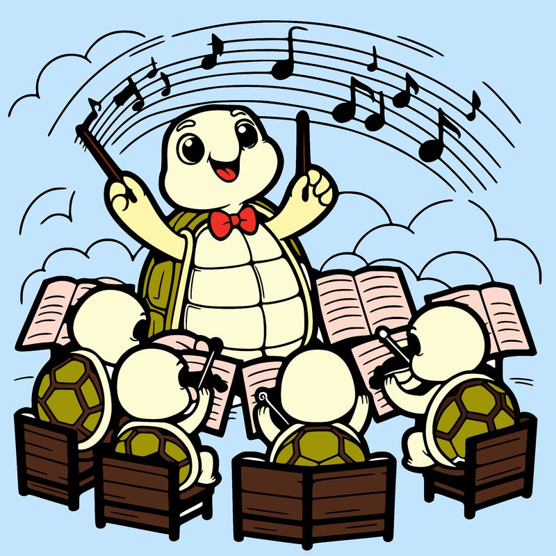 a tortoise conducting an orchestra