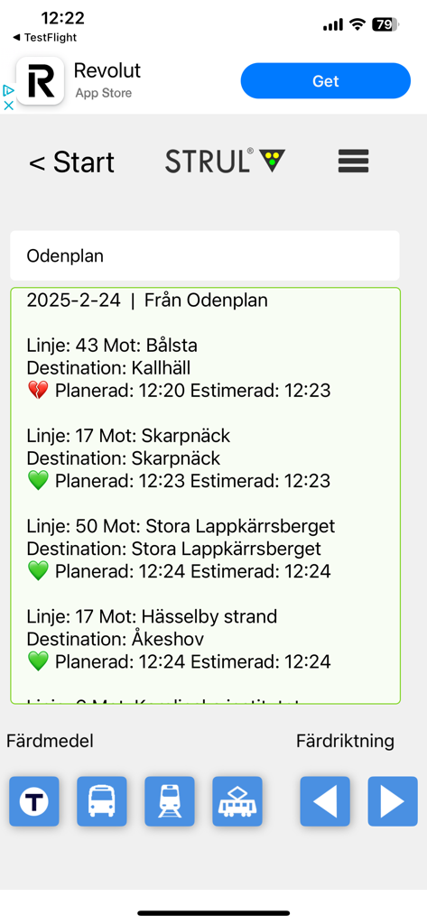 Real-time departure board for Stockholm public transport in the Strul app