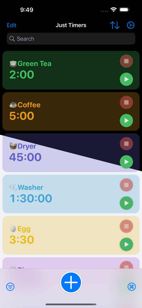 Just Timers - Dashboard dell'app Just Timers che visualizza timer multipli con nome e codificati a colori per diverse attività.