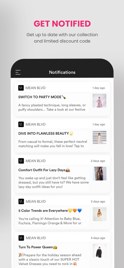 MEAN BLVD - MEAN BLVDアプリのプッシュ通知リスト、ファッションのトレンドとスタイルのヒントを特徴とする