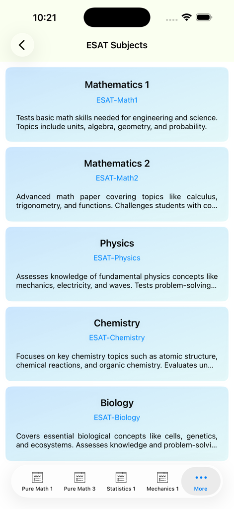 AlevelMath - Lista de materias del examen ESAT que incluyen Matemáticas, Física, Química y Biología en la aplicación AlevelMath.