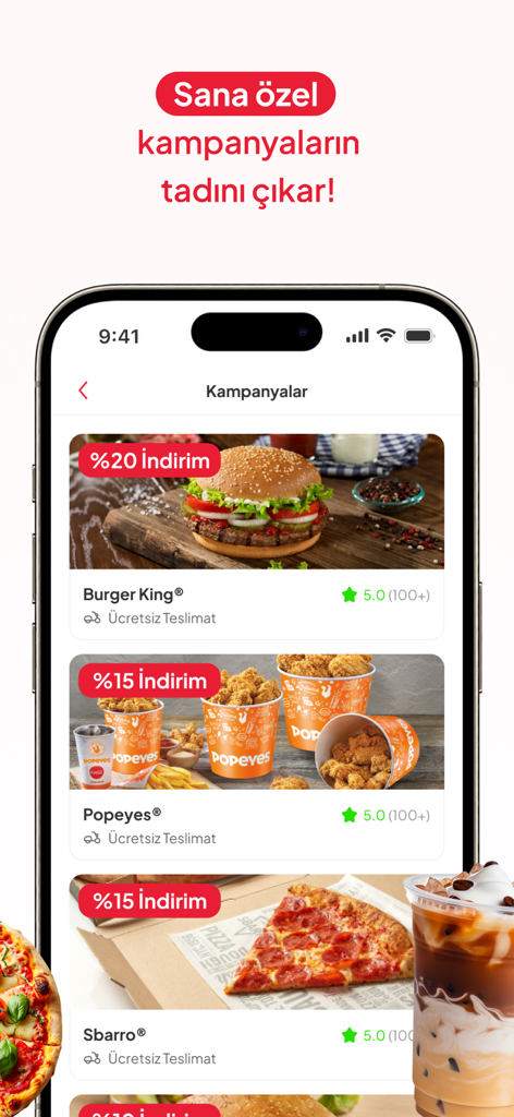 Interfaccia dell'app Tıkla Gelsin che mostra campagne speciali e sconti per marchi di delivery di cibo.