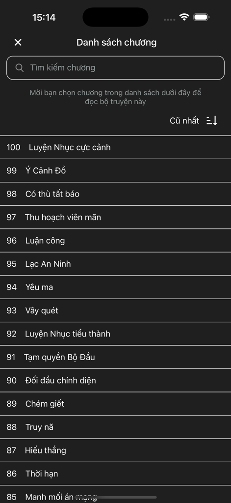 Webnovel.vn – Truyện & Sách - Aplicación de webnovelas vietnamitas que muestra una lista de capítulos en modo oscuro con una barra de búsqueda.