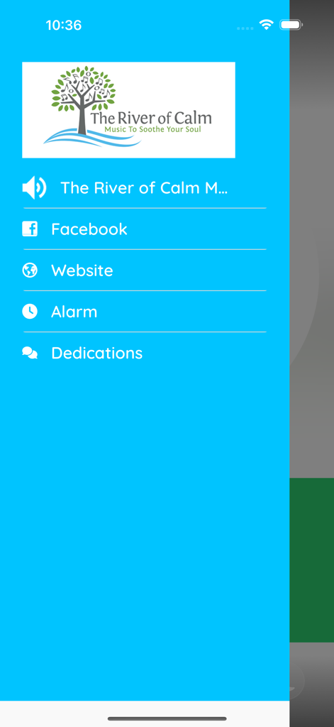 The River of Calm - Side menu of The River of Calm app showing navigation links and settings