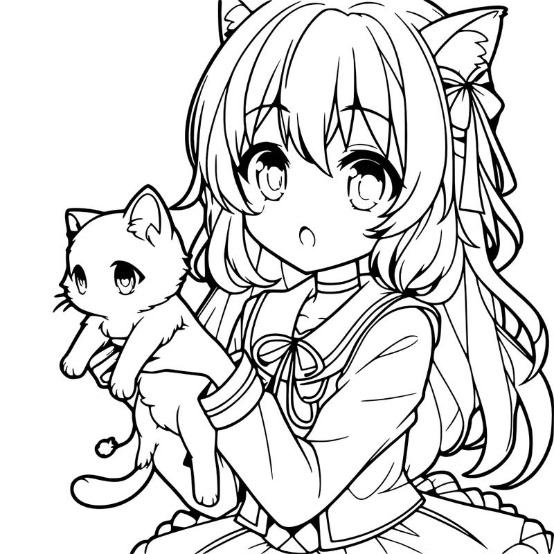 an anime girl holding a kitten