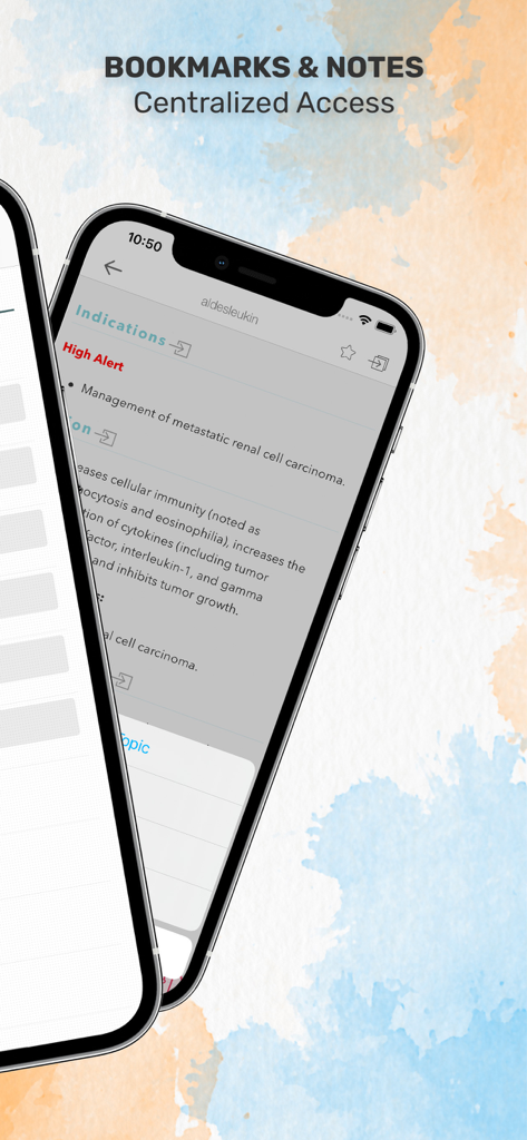 Davis’s Drug Guide for Nurses - Davis Drug Guide for Nurses mobile app showing centralized access to bookmarks and notes on a drug monograph