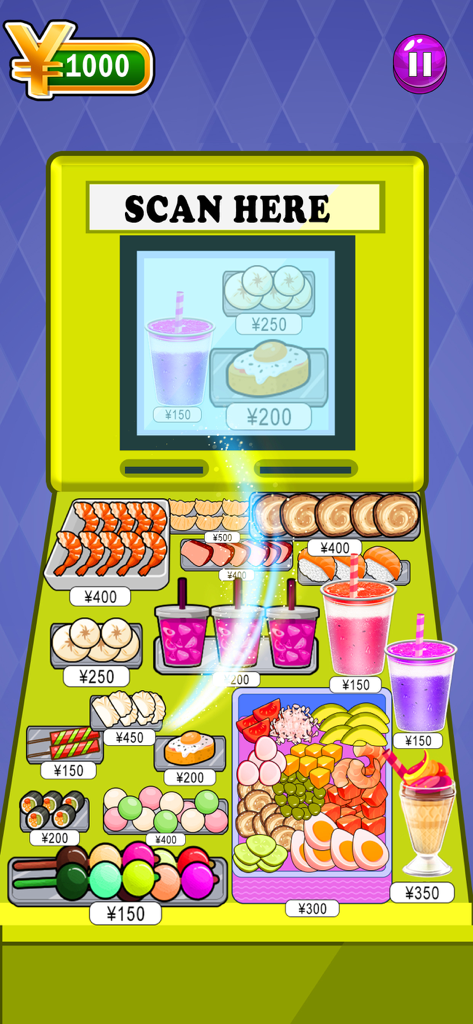 Mukbang Eating ASMR Games - Gameplay screenshot of Mukbang Eating ASMR Games showing a food scanning station with various snacks and a budget tracker.