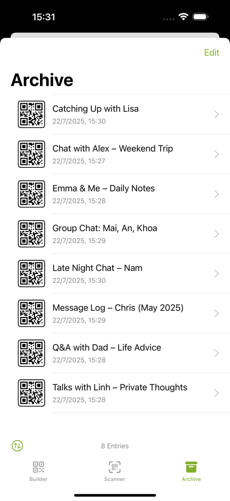 The archive screen of SMS Backup and Restore Pro showing a list of saved message threads with QR codes