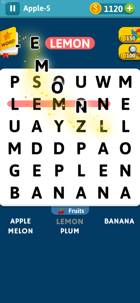 Word Search Hidden Words gameplay showing a fruit themed puzzle with the word lemon highlighted.