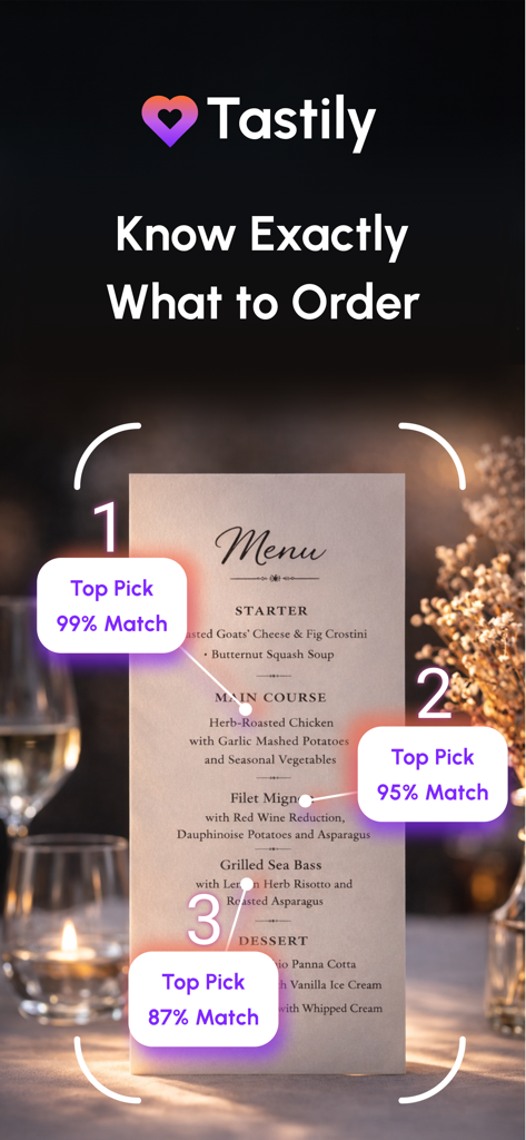 Tastily - Eat Out Smarter - Tastily app scanning a restaurant menu with AR overlays showing personalized match scores for different dishes