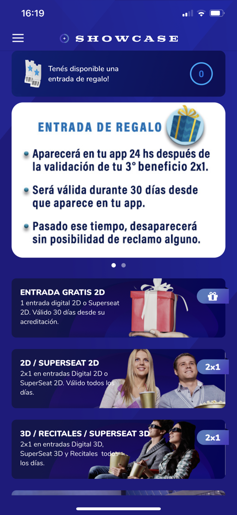 Mas Showcase app interface displaying cinema loyalty rewards and movie ticket promotions