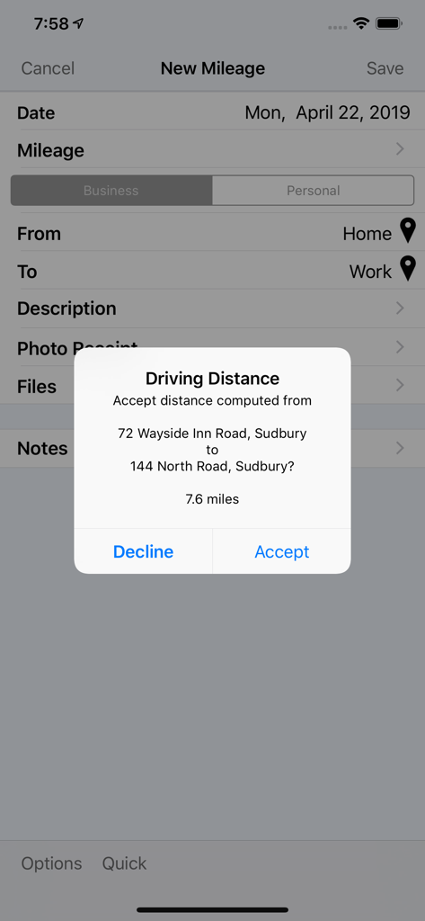 MileTracker Pro - MileTracker Pro automatic driving distance calculation pop up between home and work addresses