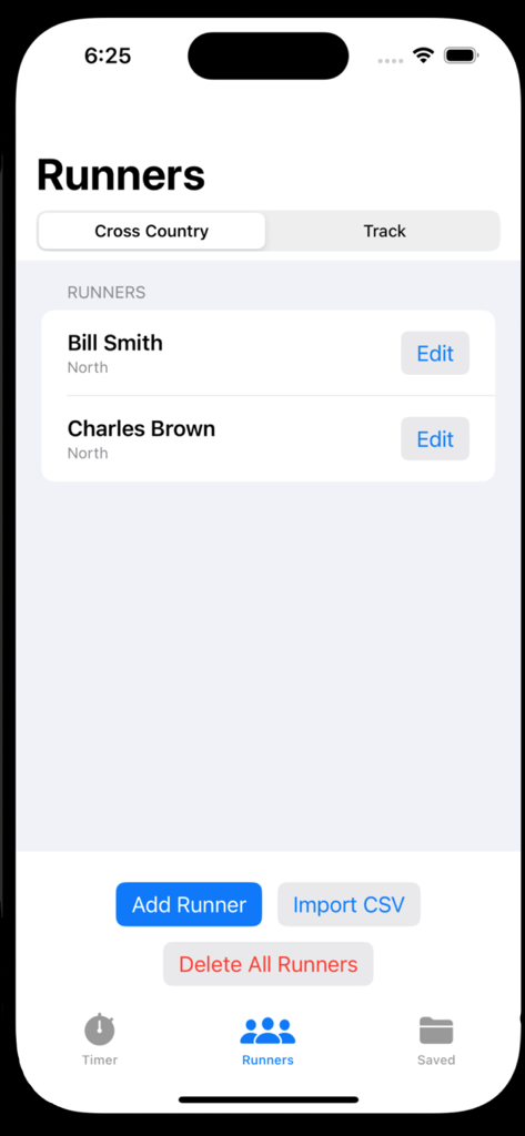 XC & Track Timer - Interface do aplicativo XC e Track Timer mostrando a tela de gerenciamento de corredores com a lista de atletas e opções de importação CSV