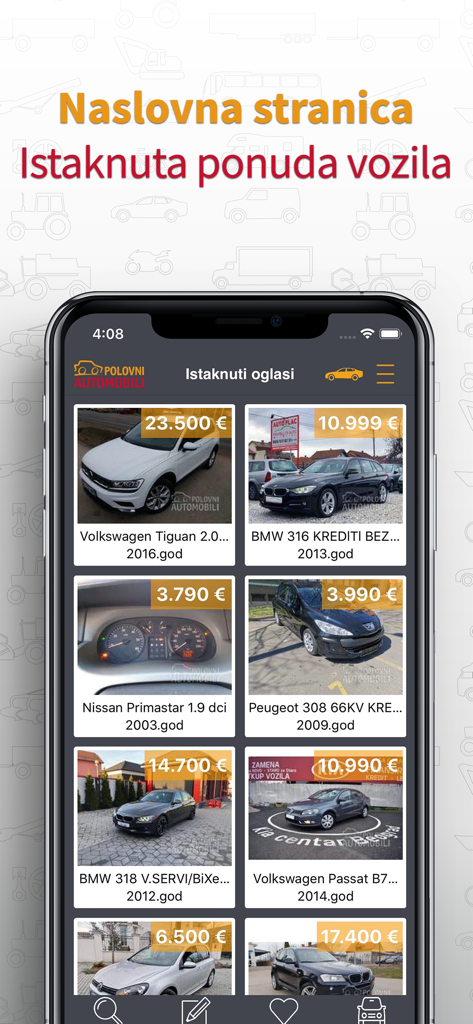 PolovniAutomobili mobile app home screen showing featured used car listings with prices and photos on a smartphone display