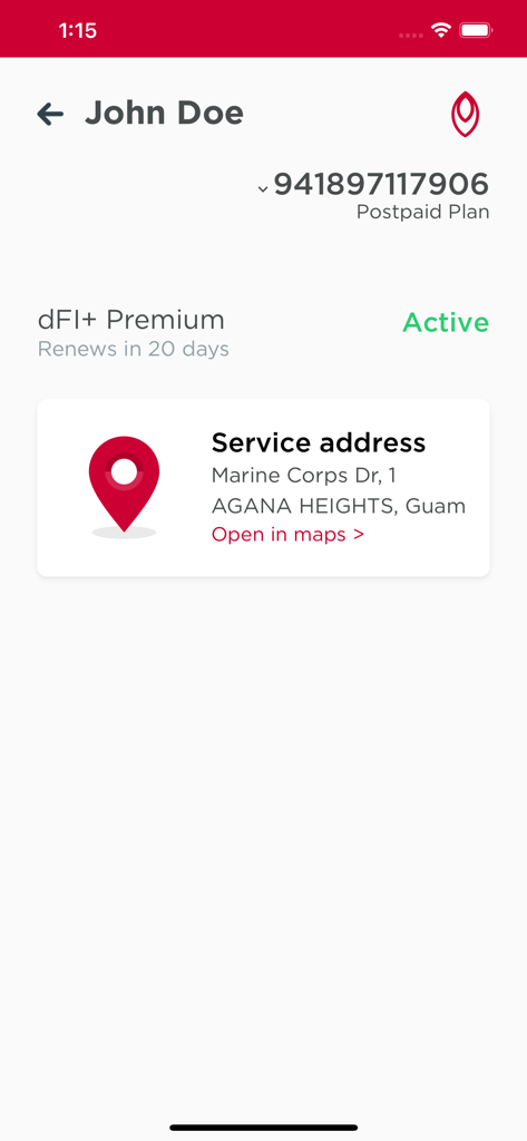 My DOCOMO PACIFIC app screen showing an active postpaid plan and service address in Guam.
