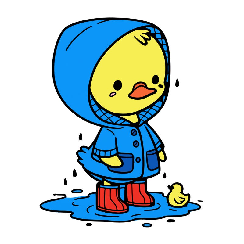 baby duck in a rain coat and boots, in a puddle while it’s raining