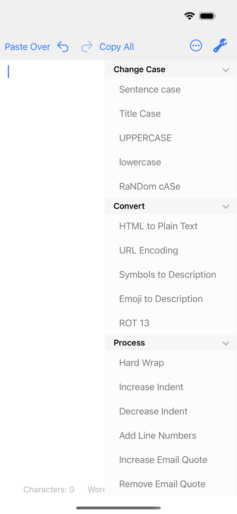 Clean Text mobile app interface showing a list of text formatting options including change case, convert HTML to plain text, and process tools.