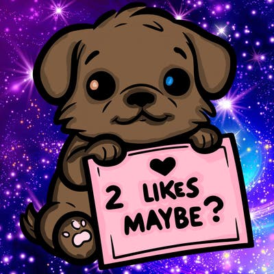 a puppy holding a sign that says 2 likes maybe?