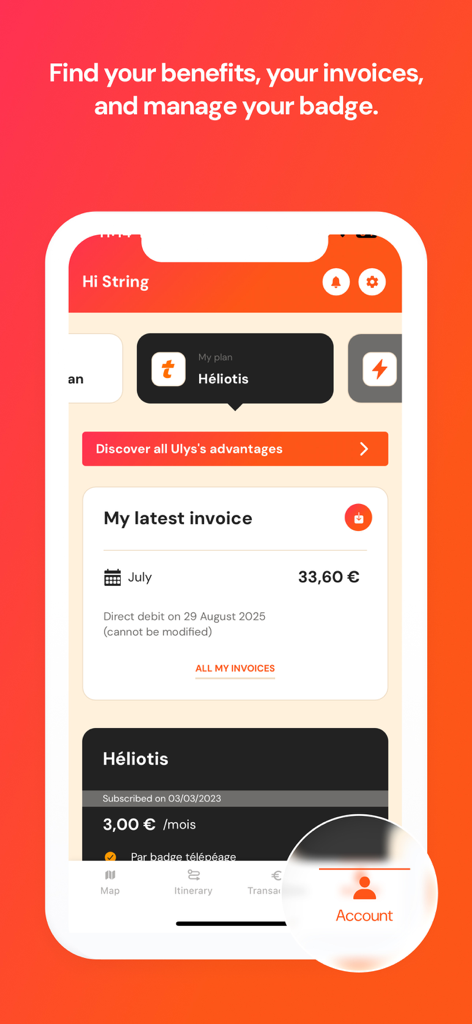 Ulys app account dashboard showing invoice history and subscription plans for tolls and parking