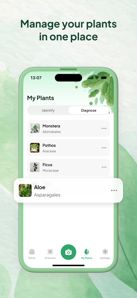 AI Plant Identifier - Leaf ID - Interfaz de la aplicación Leaf ID mostrando una lista de plantas guardadas para gestionar en un solo lugar.