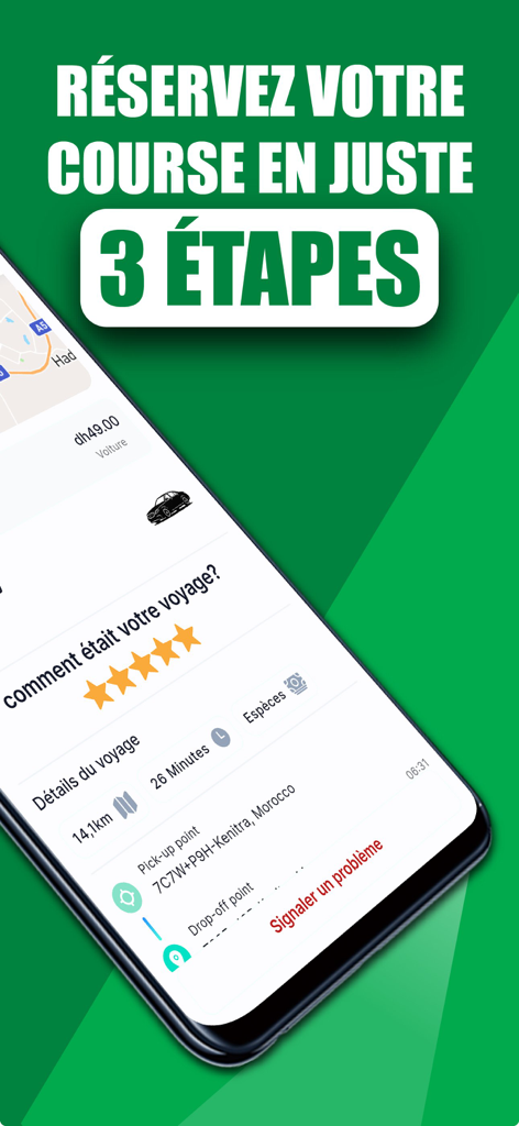 inToura: Taxi VTC Morocco - InToura app interface displaying a trip summary and three-step booking instructions