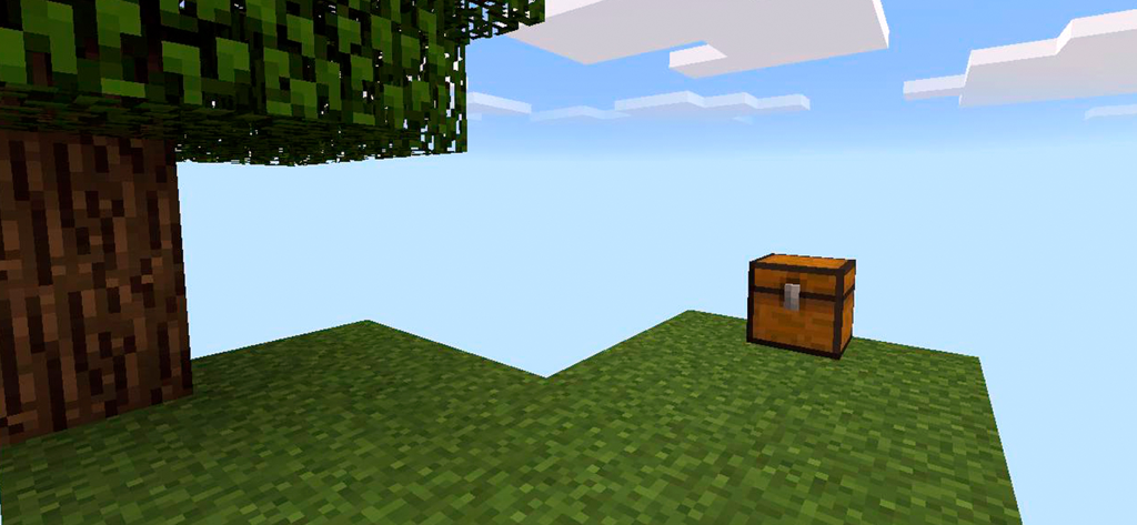 One Block Maps for Minecraft - 상자와 나무 그루터기가 있는 떠 있는 마인크래프트 잔디 섬