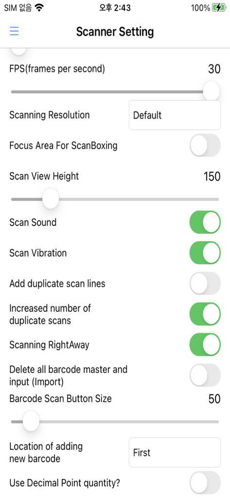 Scanoid app scanner settings screen showing FPS resolution and sound options