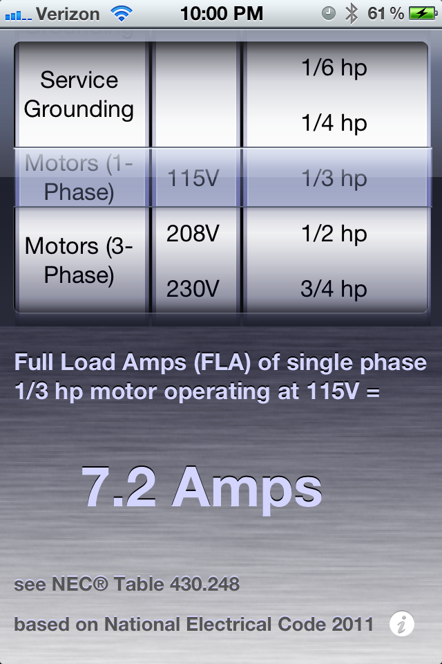 National Electrical Code quick reference app showing motor full load amps calculation