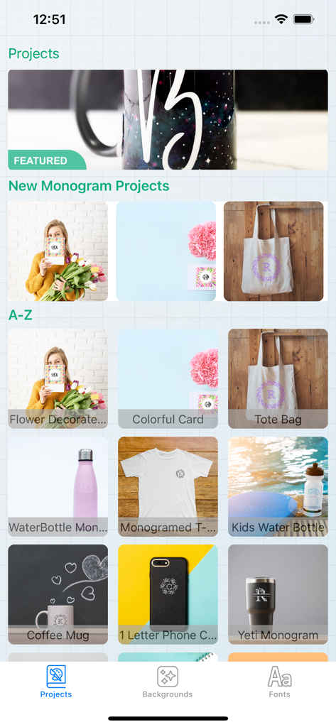 Monograms for Cricut - A gallery of personalized monogram craft projects including mugs tote bags and apparel in the Monograms for Cricut app